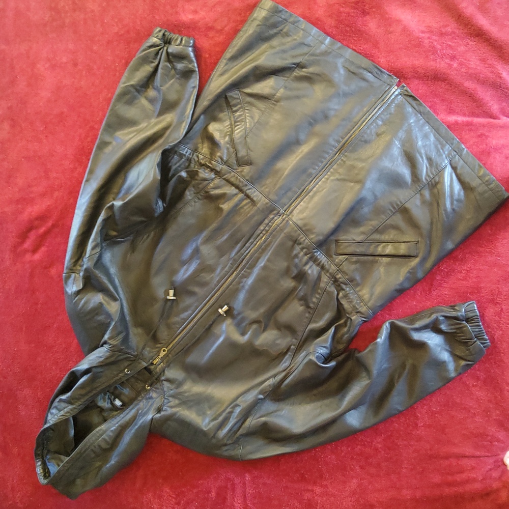 Women's Jacqueline Ferrar Genuine Black Leather Hooded Jacket Sz Large